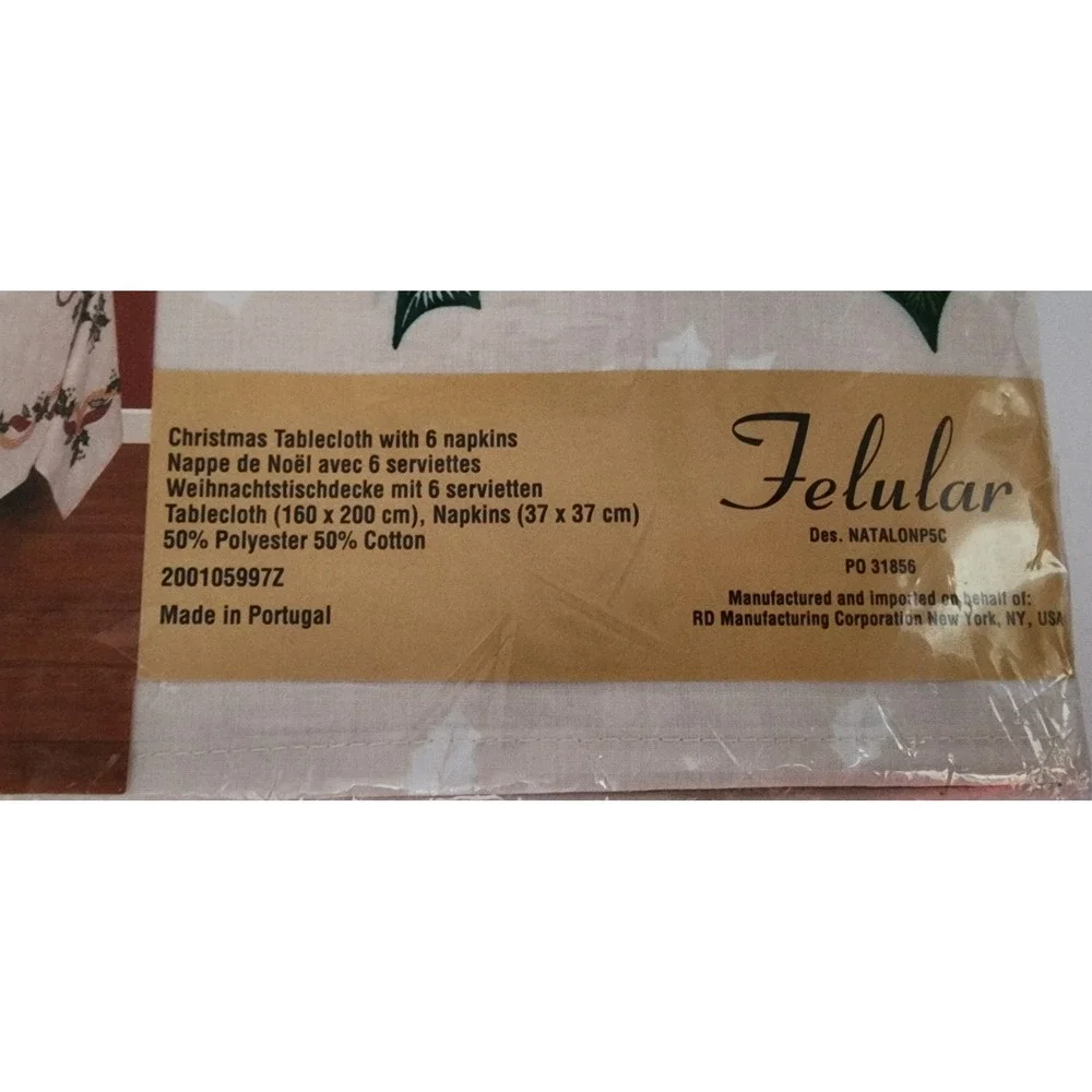 Felular Christmas Tablecloth Set 6 Napkins Cream Holly Berry 63x79 NEW Portugal